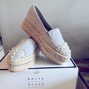 White House Black Market gray suede, pearls/Swarovski crystals platform wedges.